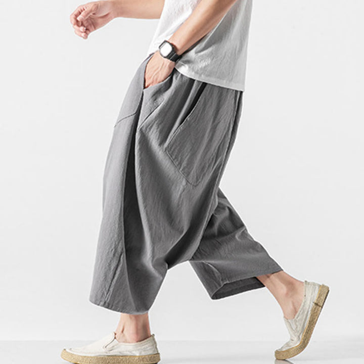 Pantaloni da uomo in cotone e lino con coulisse, gamba larga, lunghezza 7-8, con tasche, modello Buddha Stones, casual, con cavallo basso