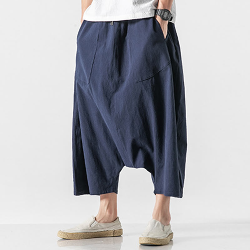 Pantaloni da uomo in cotone e lino con coulisse, gamba larga, lunghezza 7-8, con tasche, modello Buddha Stones, casual, con cavallo basso