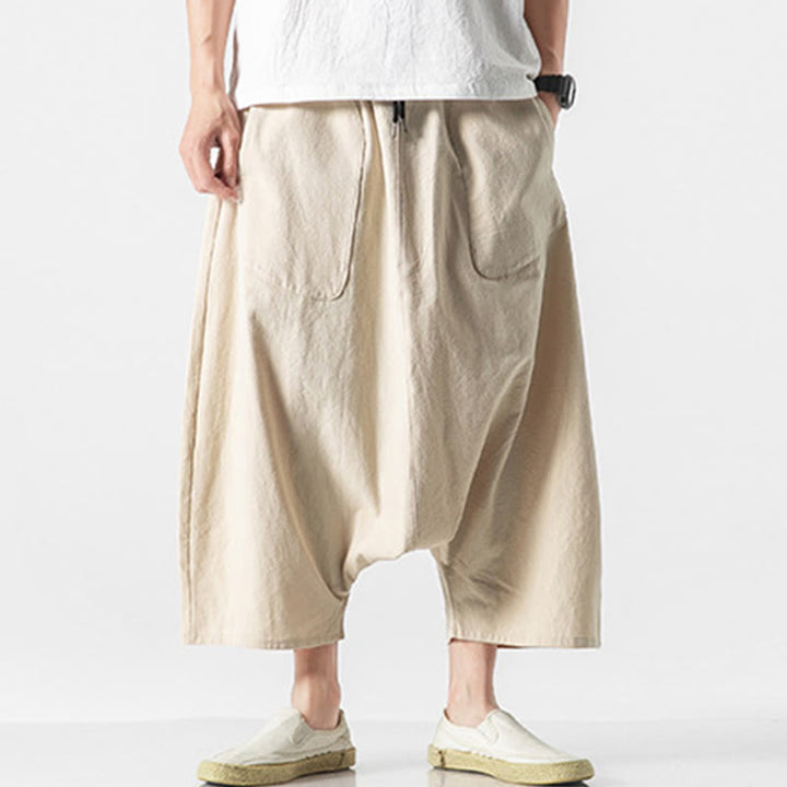 Pantaloni da uomo in cotone e lino con coulisse, gamba larga, lunghezza 7-8, con tasche, modello Buddha Stones, casual, con cavallo basso