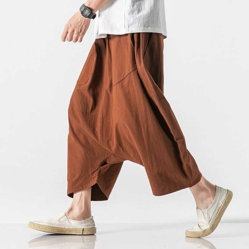 Pantaloni da uomo in cotone e lino con coulisse, gamba larga, lunghezza 7-8, con tasche, modello Buddha Stones, casual, con cavallo basso