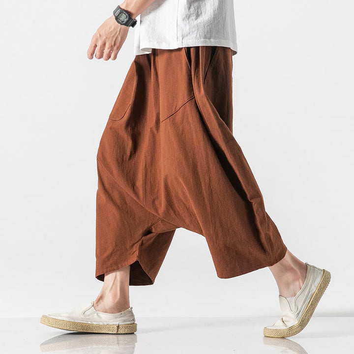 Pantaloni da uomo in cotone e lino con coulisse, gamba larga, lunghezza 7-8, con tasche, modello Buddha Stones, casual, con cavallo basso