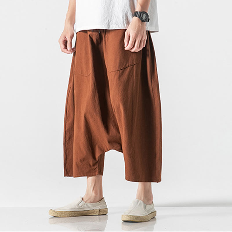 Pantaloni da uomo in cotone e lino con coulisse, gamba larga, lunghezza 7-8, con tasche, modello Buddha Stones, casual, con cavallo basso
