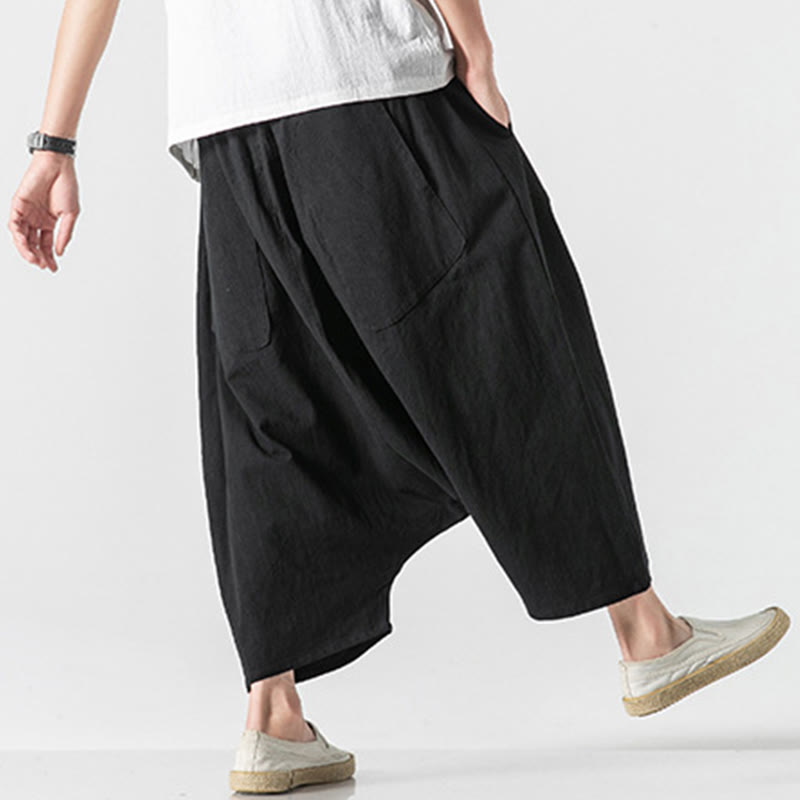 Pantaloni da uomo in cotone e lino con coulisse, gamba larga, lunghezza 7-8, con tasche, modello Buddha Stones, casual, con cavallo basso