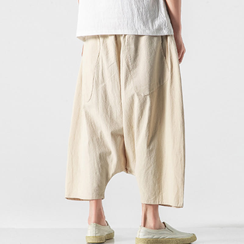 Pantaloni da uomo in cotone e lino con coulisse, gamba larga, lunghezza 7-8, con tasche, modello Buddha Stones, casual, con cavallo basso