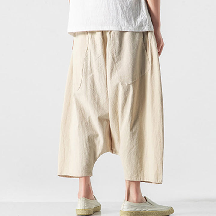 Pantaloni da uomo in cotone e lino con coulisse, gamba larga, lunghezza 7-8, con tasche, modello Buddha Stones, casual, con cavallo basso