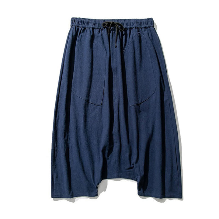 Pantaloni da uomo in cotone e lino con coulisse, gamba larga, lunghezza 7-8, con tasche, modello Buddha Stones, casual, con cavallo basso