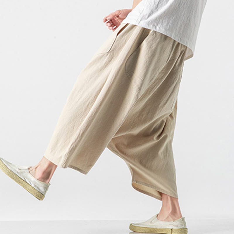 Pantaloni da uomo in cotone e lino con coulisse, gamba larga, lunghezza 7-8, con tasche, modello Buddha Stones, casual, con cavallo basso