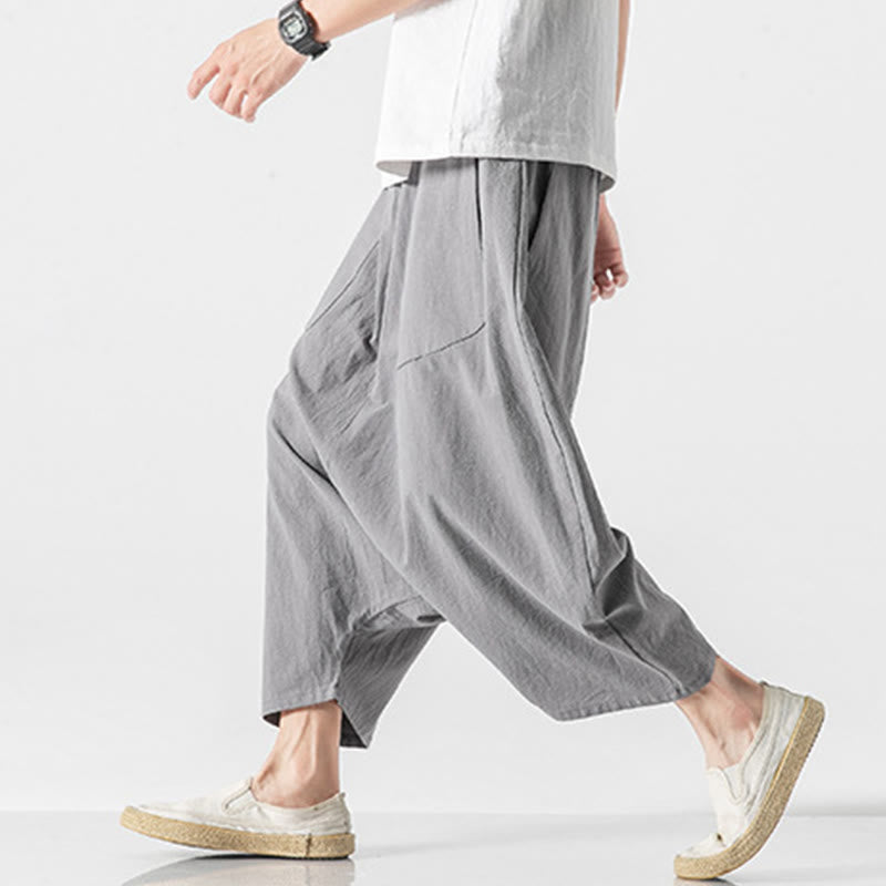 Pantaloni da uomo in cotone e lino con coulisse, gamba larga, lunghezza 7-8, con tasche, modello Buddha Stones, casual, con cavallo basso