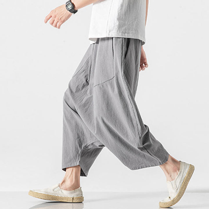 Pantaloni da uomo in cotone e lino con coulisse, gamba larga, lunghezza 7-8, con tasche, modello Buddha Stones, casual, con cavallo basso