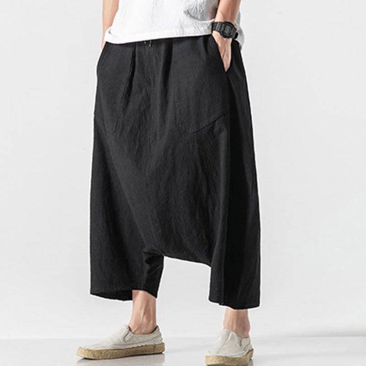 Pantaloni da uomo in cotone e lino con coulisse, gamba larga, lunghezza 7-8, con tasche, modello Buddha Stones, casual, con cavallo basso