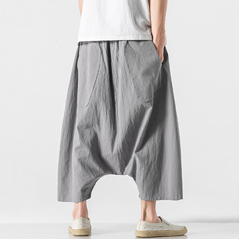 Pantaloni da uomo in cotone e lino con coulisse, gamba larga, lunghezza 7-8, con tasche, modello Buddha Stones, casual, con cavallo basso