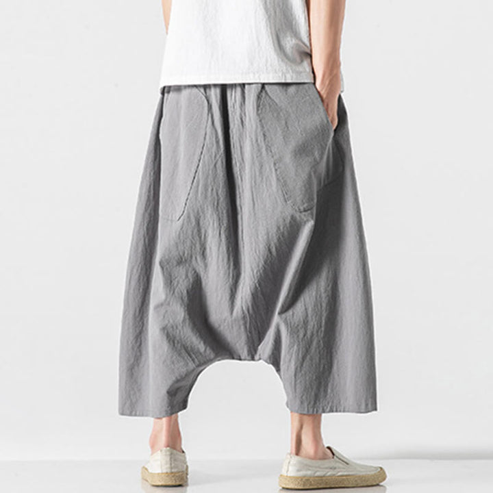 Pantaloni da uomo in cotone e lino con coulisse, gamba larga, lunghezza 7-8, con tasche, modello Buddha Stones, casual, con cavallo basso