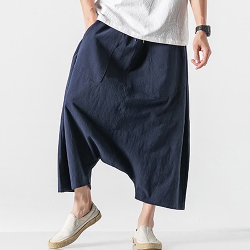 Pantaloni da uomo in cotone e lino con coulisse, gamba larga, lunghezza 7-8, con tasche, modello Buddha Stones, casual, con cavallo basso