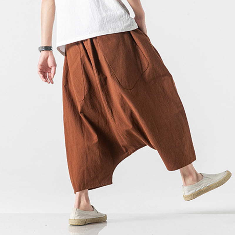 Pantaloni da uomo in cotone e lino con coulisse, gamba larga, lunghezza 7-8, con tasche, modello Buddha Stones, casual, con cavallo basso