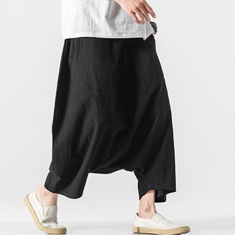 Pantaloni da uomo in cotone e lino con coulisse, gamba larga, lunghezza 7-8, con tasche, modello Buddha Stones, casual, con cavallo basso