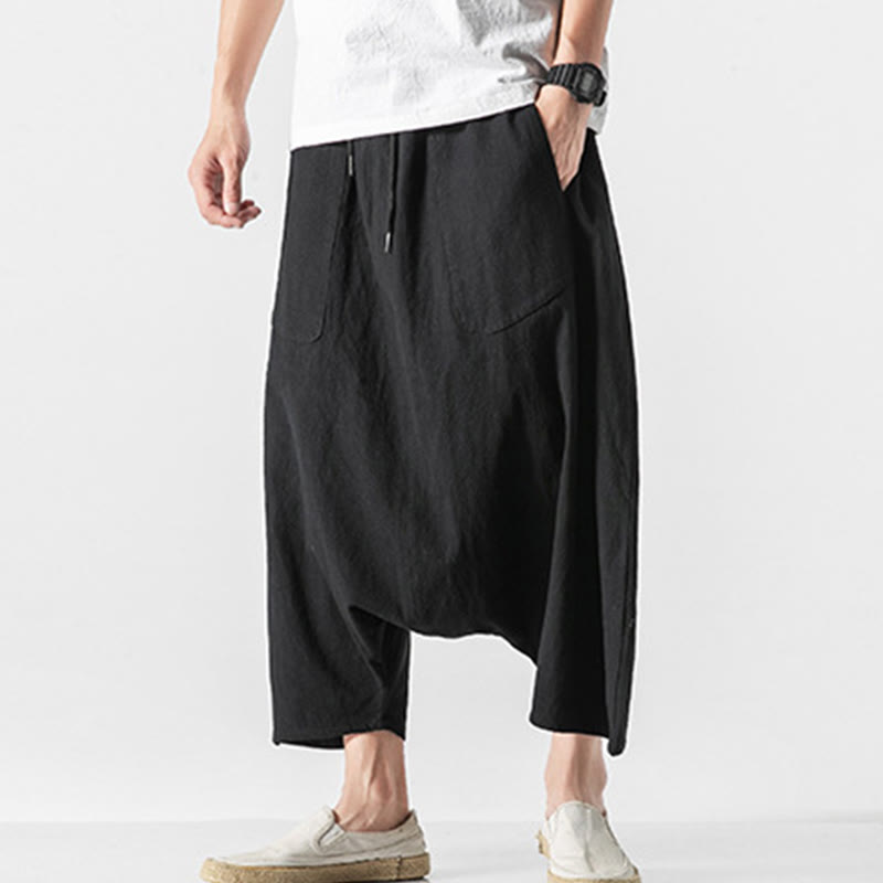 Pantaloni da uomo in cotone e lino con coulisse, gamba larga, lunghezza 7-8, con tasche, modello Buddha Stones, casual, con cavallo basso