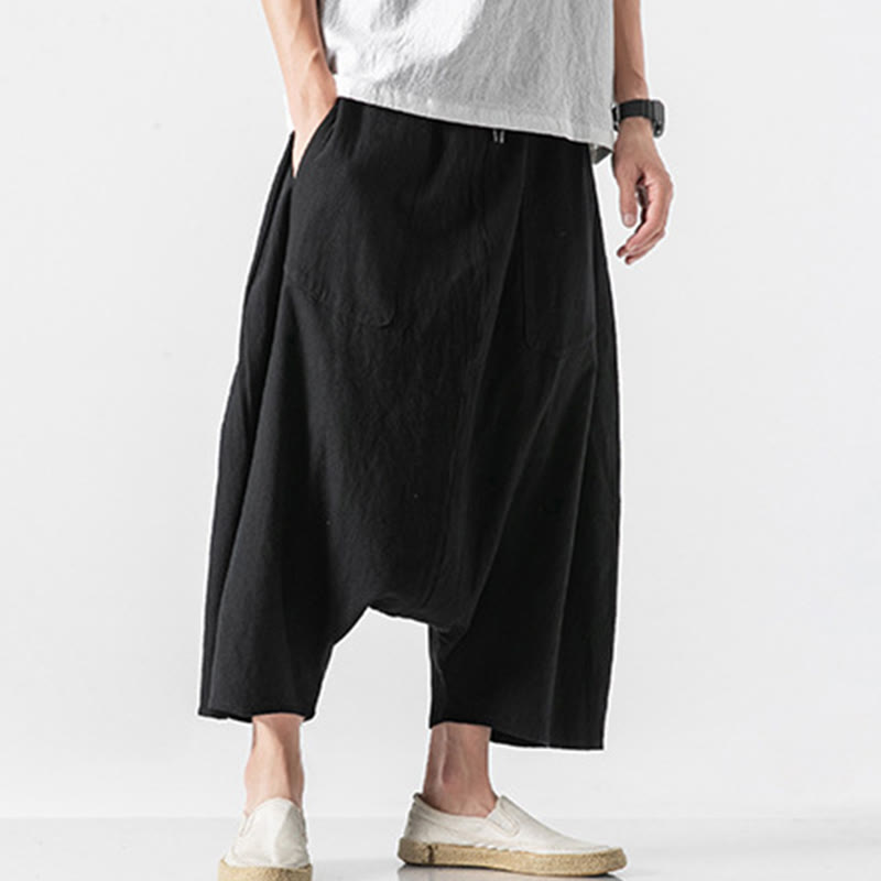 Pantaloni da uomo in cotone e lino con coulisse, gamba larga, lunghezza 7-8, con tasche, modello Buddha Stones, casual, con cavallo basso