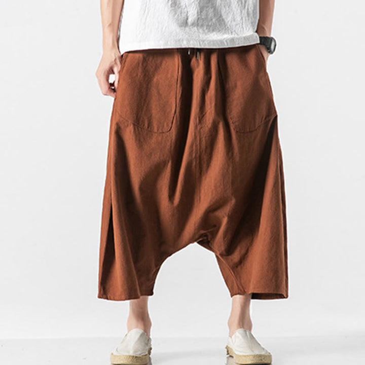 Pantaloni da uomo in cotone e lino con coulisse, gamba larga, lunghezza 7-8, con tasche, modello Buddha Stones, casual, con cavallo basso
