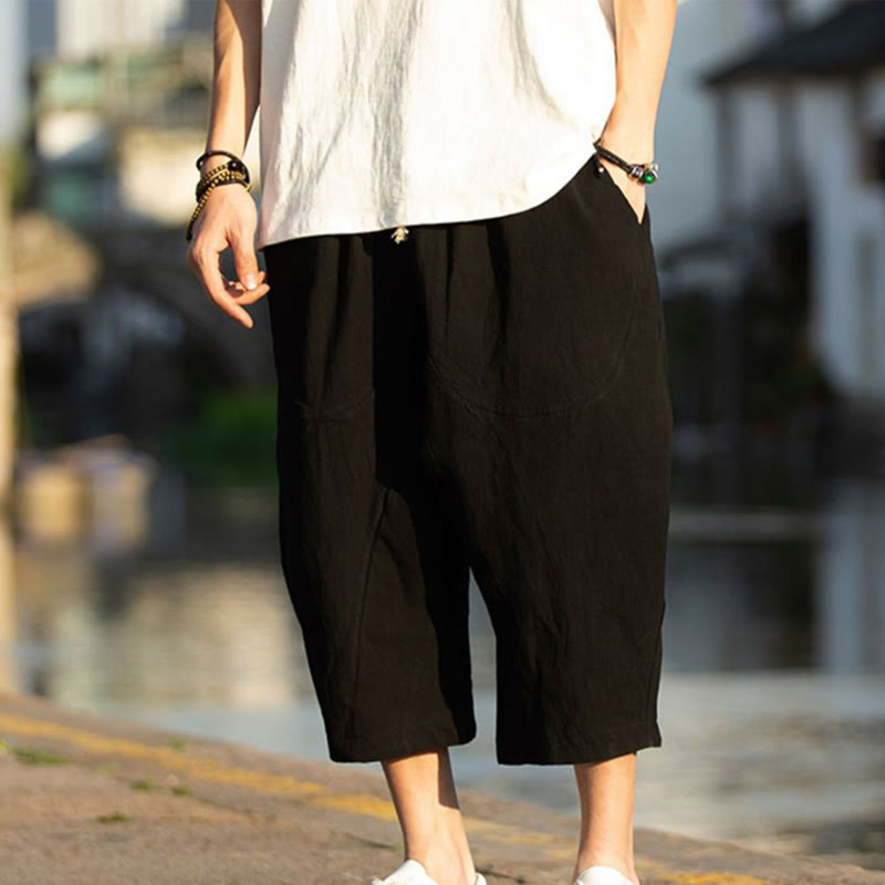 Pantaloni da uomo in lino e cotone con tasche, lunghezza 7-8, modello Buddha Stones, modello estivo con pieghe semplici e coulisse - image 7