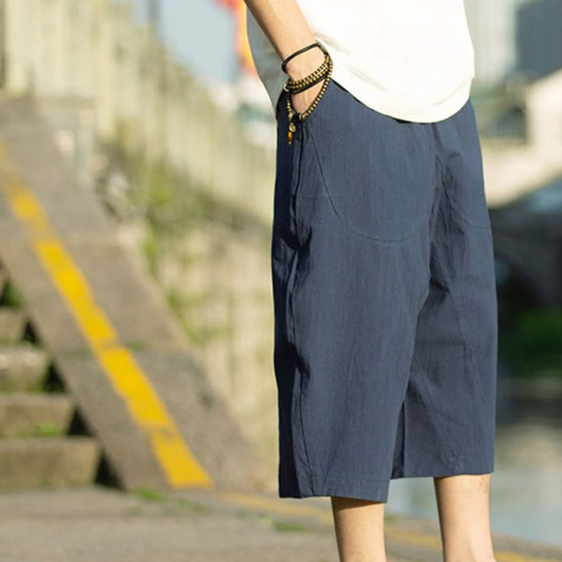 Pantaloni da uomo in lino e cotone con tasche, lunghezza 7-8, modello Buddha Stones, modello estivo con pieghe semplici e coulisse - image 13