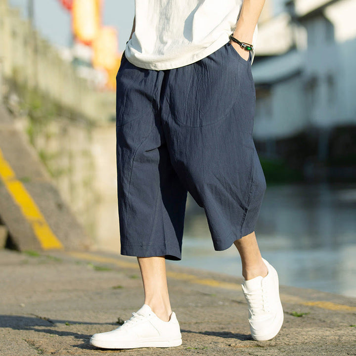 Pantaloni da uomo in lino e cotone con tasche, lunghezza 7-8, modello Buddha Stones, modello estivo con pieghe semplici e coulisse - DarkSlateBlue - US/UK/AU46, EU56 (5XL) - image 12