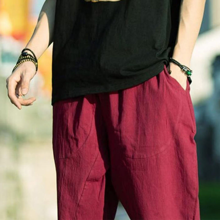 Pantaloni da uomo in lino e cotone con tasche, lunghezza 7-8, modello Buddha Stones, modello estivo con pieghe semplici e coulisse - image 24