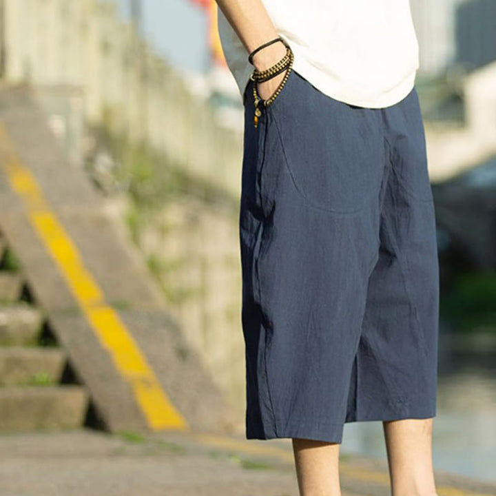 Pantaloni da uomo estivi con pieghe, coulisse e tasche, modello 7-8, con stampa Buddha Stones. - image 13