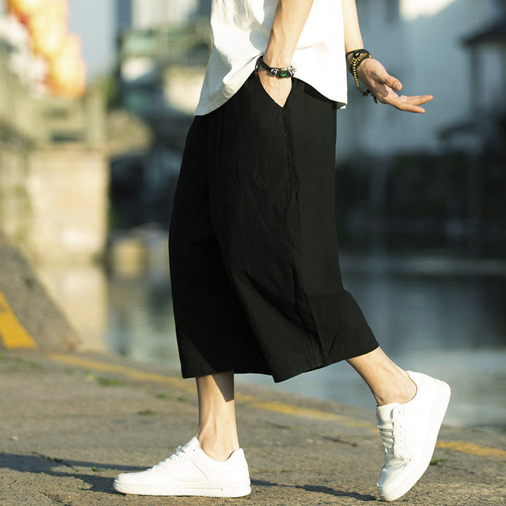 Pantaloni da uomo in lino e cotone con tasche, lunghezza 7-8, modello Buddha Stones, modello estivo con pieghe semplici e coulisse - Nero - US/UK/AU46, EU56 (5XL) - image 5