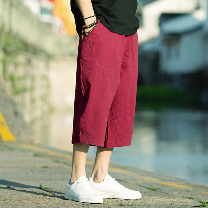 Pantaloni da uomo in lino e cotone con tasche, lunghezza 7-8, modello Buddha Stones, modello estivo con pieghe semplici e coulisse - Cremisi - US/UK/AU46, EU56 (5XL) - image 18