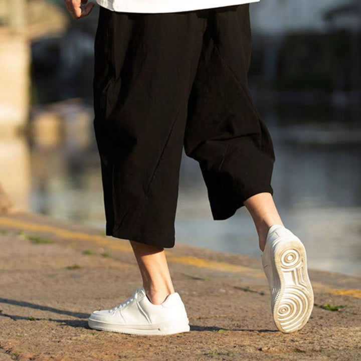 Pantaloni da uomo estivi con pieghe, coulisse e tasche, modello 7-8, con stampa Buddha Stones. - image 5