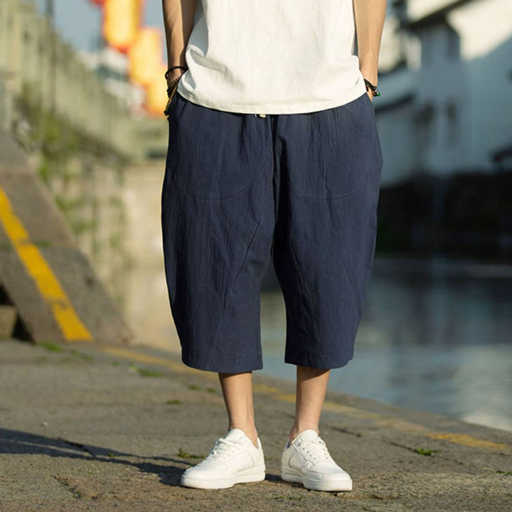 Pantaloni da uomo estivi con pieghe, coulisse e tasche, modello 7-8, con stampa Buddha Stones. - image 12