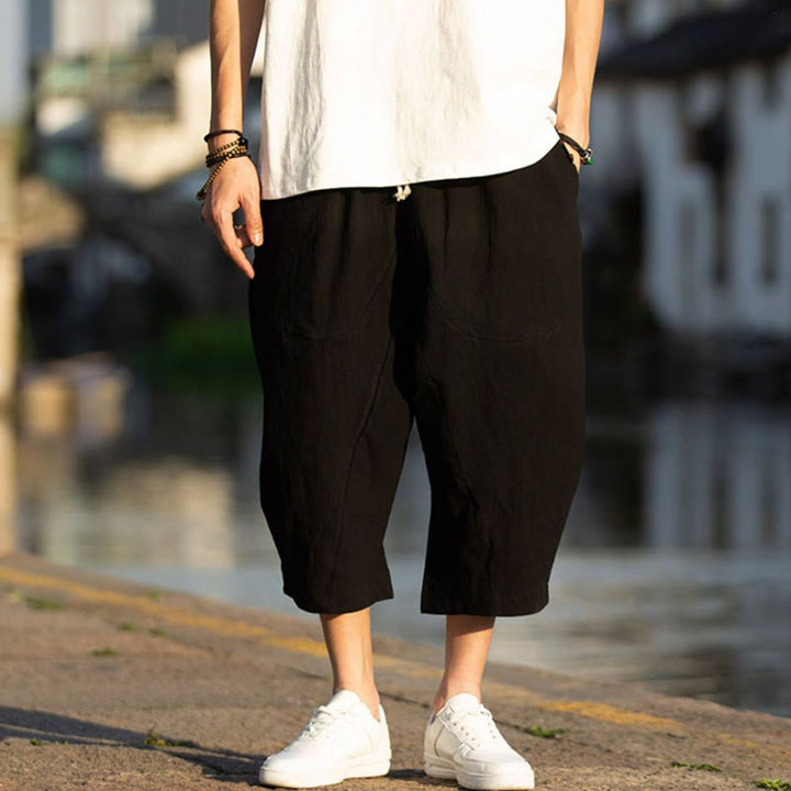 Pantaloni da uomo estivi con pieghe, coulisse e tasche, modello 7-8, con stampa Buddha Stones. - image 4