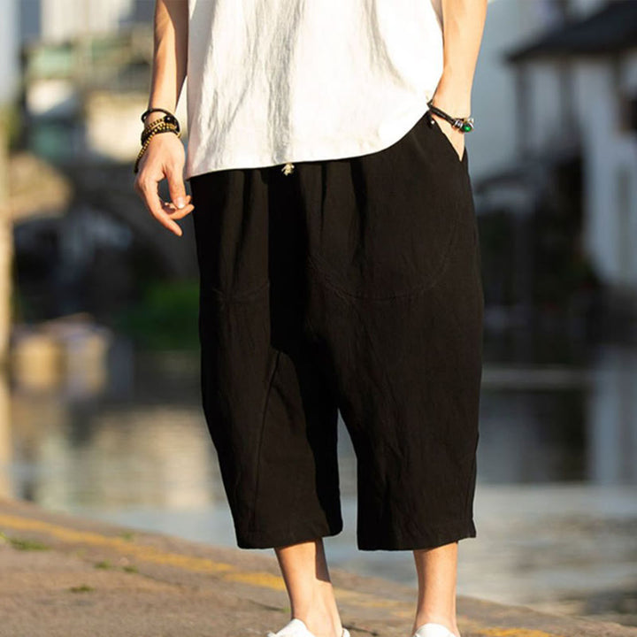 Pantaloni da uomo estivi con pieghe, coulisse e tasche, modello 7-8, con stampa Buddha Stones. - image 6