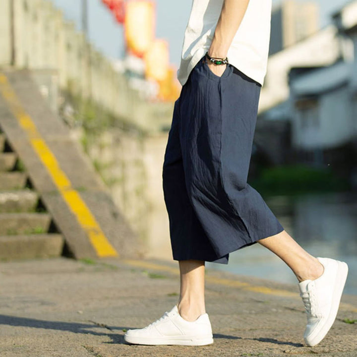 Pantaloni da uomo in lino e cotone con tasche, lunghezza 7-8, modello Buddha Stones, modello estivo con pieghe semplici e coulisse - image 14