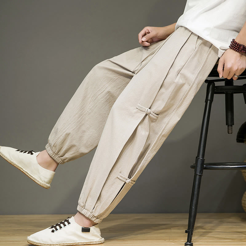 Pantaloni harem da uomo in cotone e lino con coulisse, design vintage "Buddha Stones" , con bottoni a forma di rana cinese e tasche. - image 1