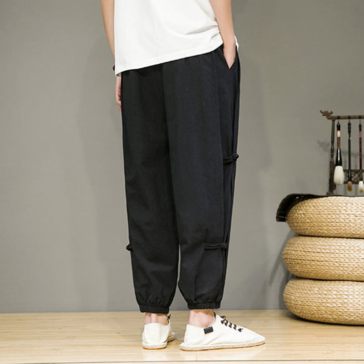 Pantaloni harem da uomo in cotone e lino con tasche, modello Buddha Stones, vintage, con coulisse e bottoni cinesi a forma di rana. - image 14