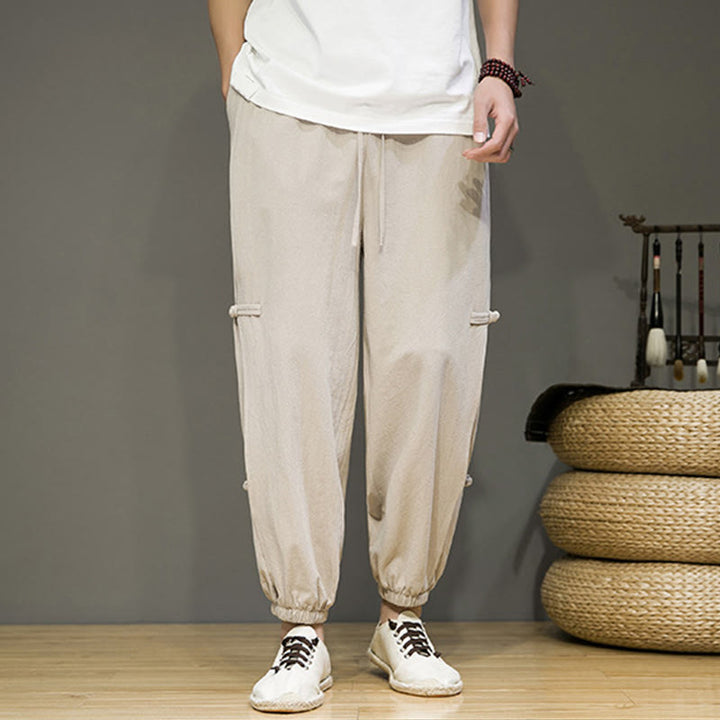 Pantaloni harem da uomo in cotone e lino con tasche, modello Buddha Stones, vintage, con coulisse e bottoni cinesi a forma di rana. - image 5