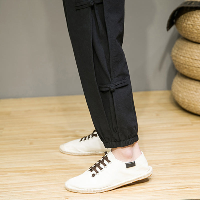 Pantaloni harem da uomo in cotone e lino con tasche, modello Buddha Stones, vintage, con coulisse e bottoni cinesi a forma di rana. - image 18