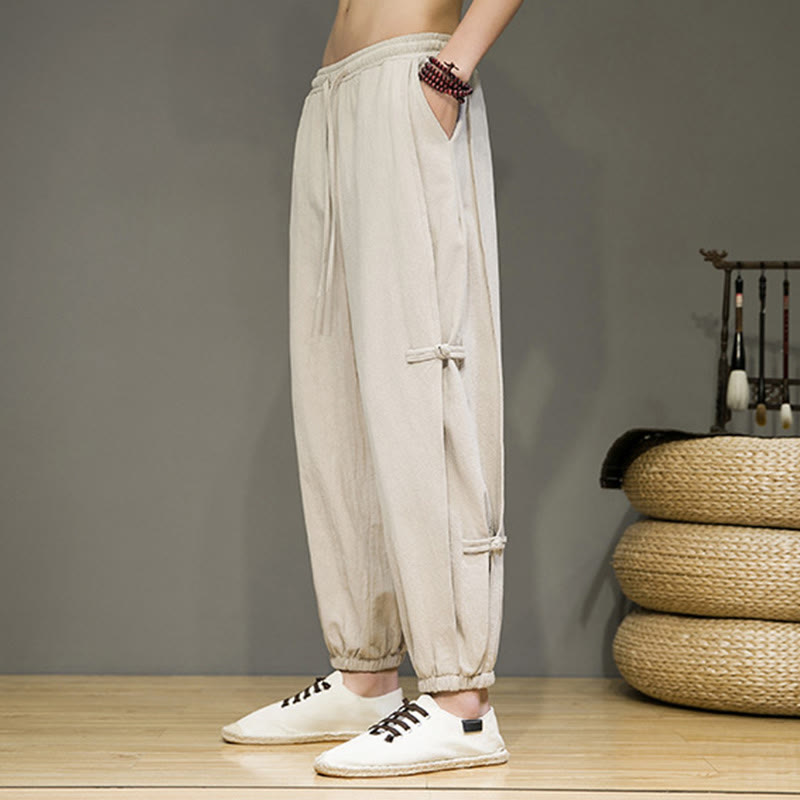 Pantaloni harem da uomo in cotone e lino con tasche, modello Buddha Stones, vintage, con coulisse e bottoni cinesi a forma di rana. - image 7