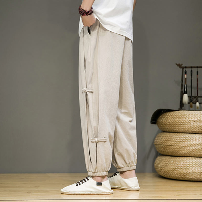 Pantaloni harem da uomo in cotone e lino con tasche, modello Buddha Stones, vintage, con coulisse e bottoni cinesi a forma di rana. - image 6