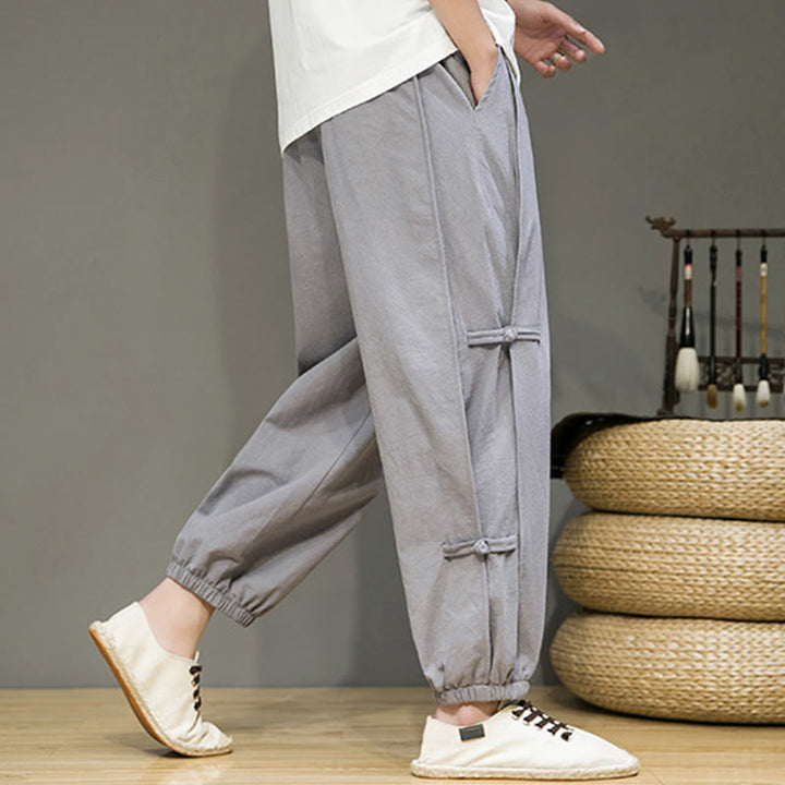 Pantaloni harem da uomo in cotone e lino con tasche, modello Buddha Stones, vintage, con coulisse e bottoni cinesi a forma di rana. - image 24