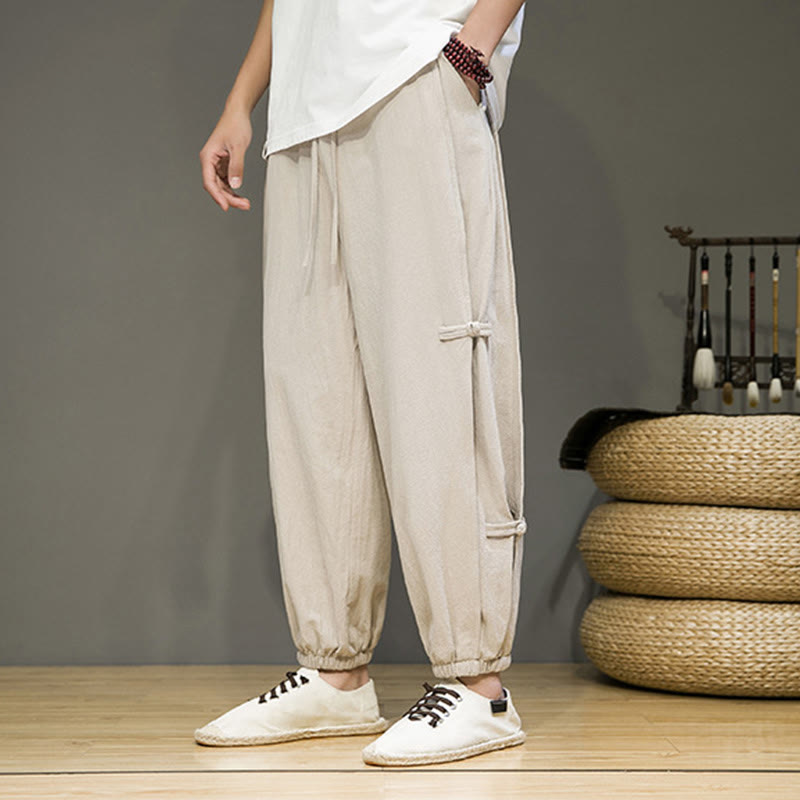 Pantaloni harem da uomo in cotone e lino con tasche, modello Buddha Stones, vintage, con coulisse e bottoni cinesi a forma di rana. - Beige - US/UK/AU46, EU56 (5XL) - image 0