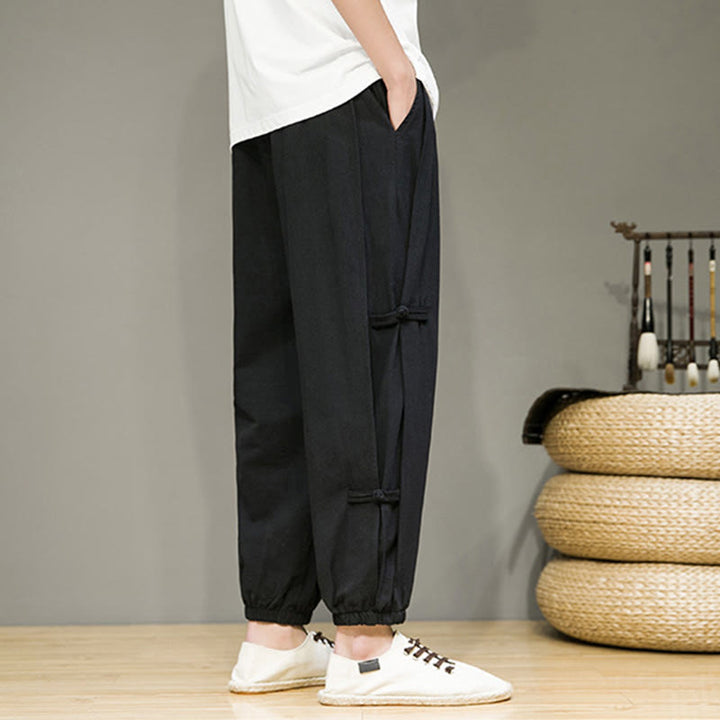Pantaloni harem da uomo in cotone e lino con tasche, modello Buddha Stones, vintage, con coulisse e bottoni cinesi a forma di rana. - image 15