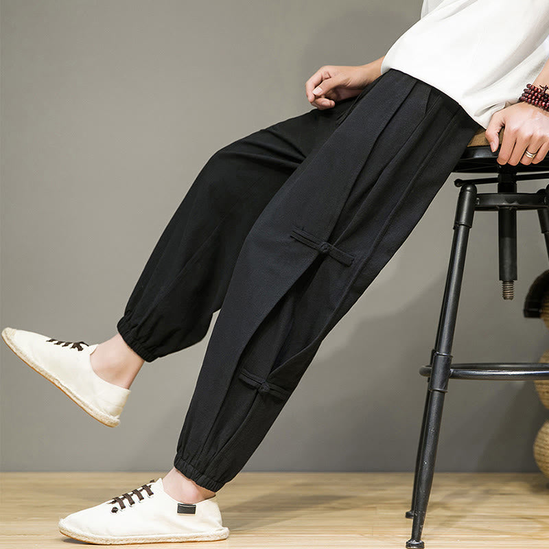 Pantaloni harem da uomo in cotone e lino con tasche, modello Buddha Stones, vintage, con coulisse e bottoni cinesi a forma di rana. - Nero - US/UK/AU46, EU56 (5XL) - image 8