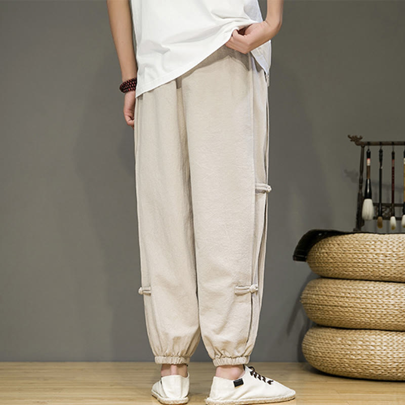 Pantaloni harem da uomo in cotone e lino con tasche, modello Buddha Stones, vintage, con coulisse e bottoni cinesi a forma di rana. - image 2