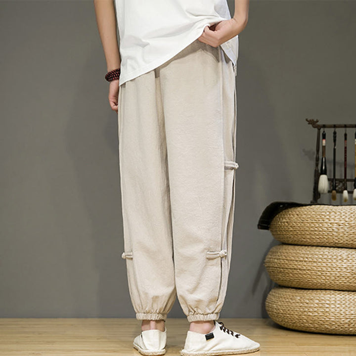 Pantaloni harem da uomo in cotone e lino con tasche, modello Buddha Stones, vintage, con coulisse e bottoni cinesi a forma di rana. - image 2
