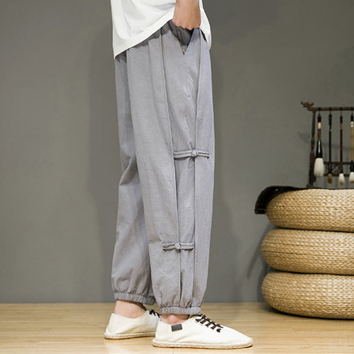 Pantaloni harem da uomo in cotone e lino con tasche, modello Buddha Stones, vintage, con coulisse e bottoni cinesi a forma di rana. - image 26