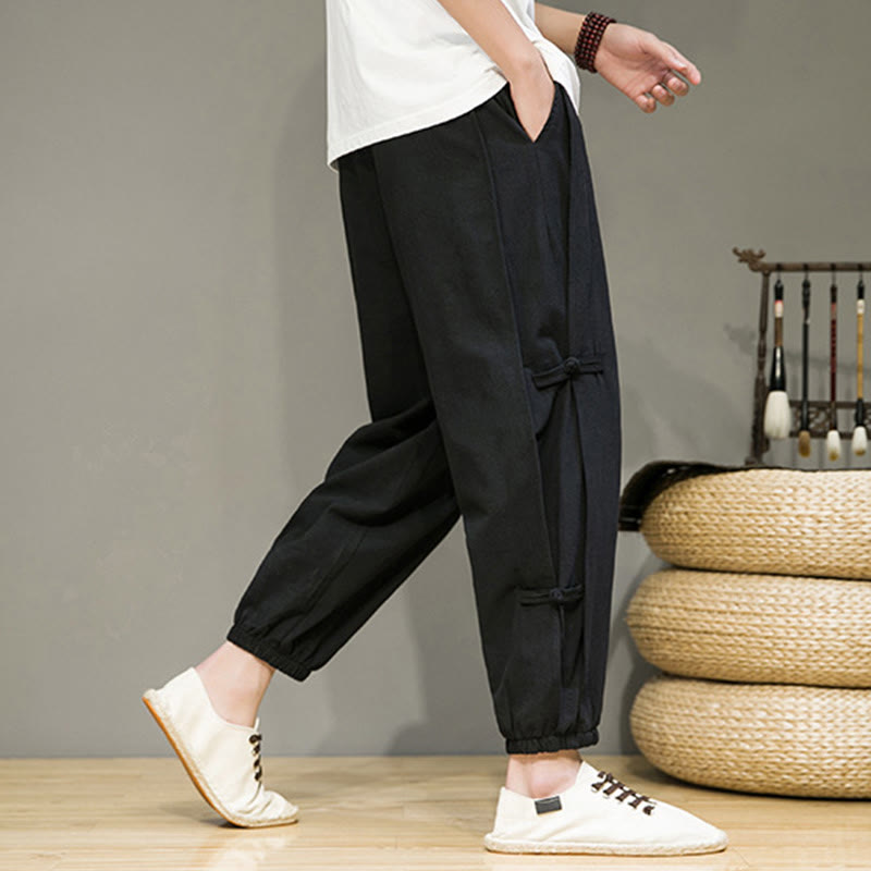 Pantaloni harem da uomo in cotone e lino con tasche, modello Buddha Stones, vintage, con coulisse e bottoni cinesi a forma di rana. - image 13