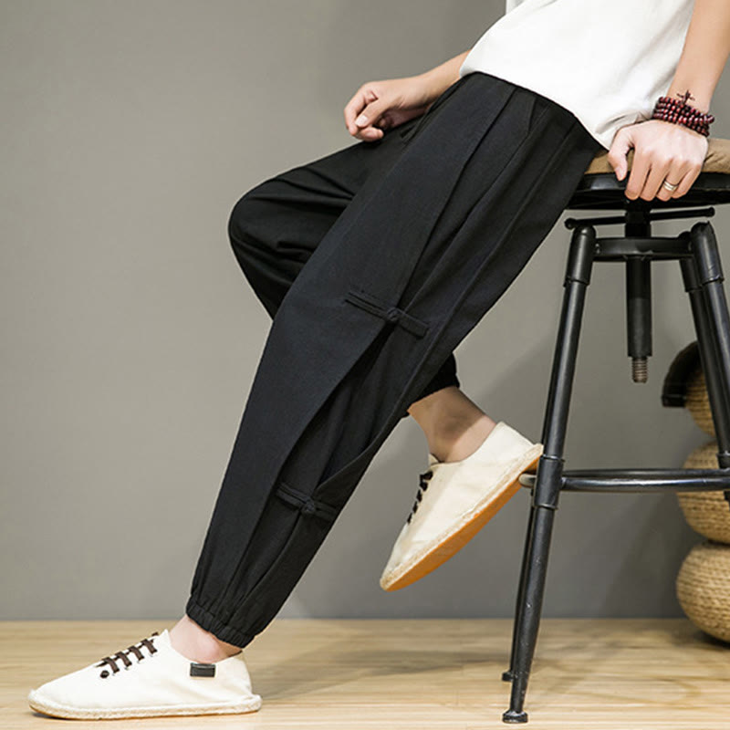 Pantaloni harem da uomo in cotone e lino con tasche, modello Buddha Stones, vintage, con coulisse e bottoni cinesi a forma di rana. - image 9
