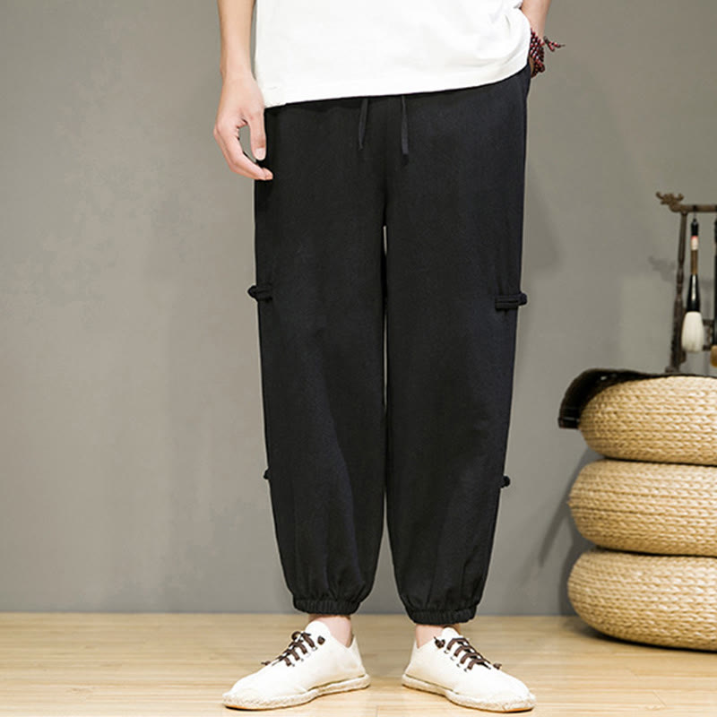 Pantaloni harem da uomo in cotone e lino con tasche, modello Buddha Stones, vintage, con coulisse e bottoni cinesi a forma di rana. - image 10